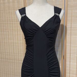 Sz 6 Cache Babydoll Goth Whimsical Jeweled V-Neck Maxi Evening Dress Black Knit
